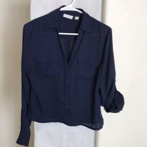 New York & Company Navy Button-Front Blouse